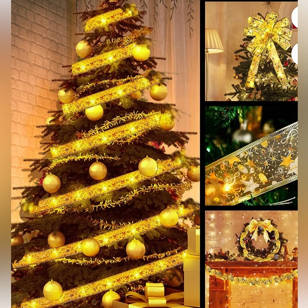 New Christmas Ribbon LED Fairy String Lights holiday Party Tree Decor USB